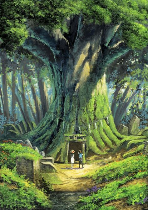 Big Tree Drawing, Anime Jungle, Art Studio Ghibli, Jungle Tree, Giant Tree, Paint Brush Art, Forest Background, Studio Ghibli Art, Fantasy Forest