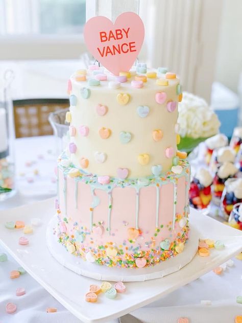 A VERY Yancey-Vance Fancy-Pants Gender Reveal Party | Briana Dai February Gender Reveal Party, Conversation Hearts Party Decorations, Baby Shower Sweetheart Theme, Valentines Gender Reveal Cake, Valentine Day Gender Reveal Ideas, Gender Reveal Ideas For February, A Little Sweetheart Is On The Way Cake, Sweetheart Party Theme, Valentine’s Gender Reveal