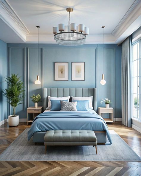 Modern bedroom design with soft blue colors #softblue #softcolors #interiordesign #homedecor #modernhouse #interiordesignideas Blue Adult Bedroom, Blue Bedroom Ideas For Adults, Long Bedroom Ideas, Light Blue Bedroom Ideas, Adult Bedroom Ideas, Bedroom Ideas For Adults, Light Blue Houses, Light Blue Bedroom, Statement Walls