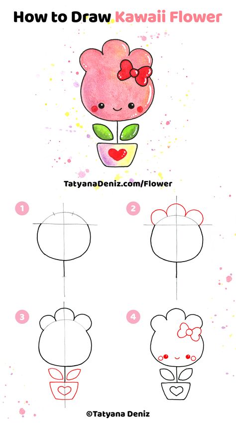 Easy step-by-step tutorial to draw a cute doodle flower in 4 simple steps. Kawaii art and drawing tutorial by Tatyana Deniz. What To Draw With Markers Ideas Easy, How To Kawaii Drawings, Step By Step Drawing For Beginners Pencil Learning, How To Draw Cute Things Step By Step, What To Draw With Markers Easy, Cute Easy Drawings Flowers, Kawaii How To Draw, Colouring Ideas Easy, Kawaii Doodles Step By Step