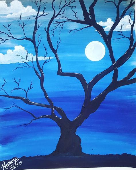 Night scenario painting by me.. which is just completed in 20 minutes.. less colours more attractive.. #moon #tree #clouds #blue💙  #artbyme #passion #proffession #love #loveartwork #insraart #thedrawingplanetbsp #drawing #painting #color Landscape Drawing Easy, Drawing Sky, Mad Ads, Monochromatic Painting, Simple Paintings, Dollar Store Christmas Decorations, Honey Art, Moon Tree, Painting Trees