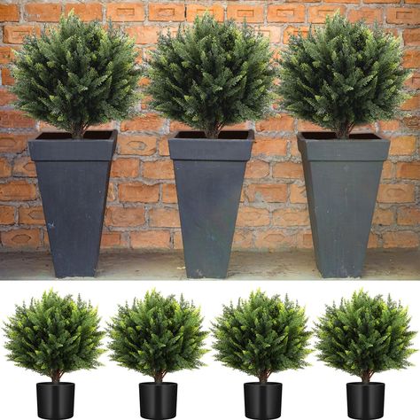 Faux Plants For Front Porch Christmas, Christmas Flower Pots Outdoor, Winter Pots Outdoor Front Doors, Fake Plants Outside Front Porches, Front Porch Walkway, Artificial Trees Outdoor, Cedar Topiary, Garden Front Porch, Curb Appeal On A Budget