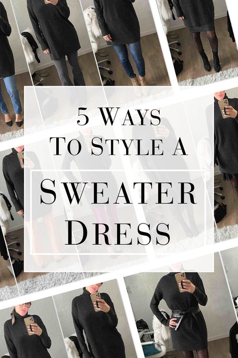 1 CASHMERE TURTLENECK DRESS, 5 CUTE OUTFITS | We challenged ourselves to mix it up a bit -- how many ways can we wear a cashmere turtleneck sweater dress? Answer: a lot. Our 5 outfits to try... | #TheMomEditStyle #FallOutfitIdeas #WinterOutfitIdeas #BlackTurtleneckSweaterDress #CashmerTurtleneckSweaterDress #TurtleneckSweaterDress #CashmereSweaterDress #Everlane #EverlaneSweaterDress #SweaterDressOutfits #OTKBootOutfits #TallBootOutfits #TightsOutfits #DressOverJeans Turtleneck Sweater Dress Outfit, Gray Sweater Dress Outfit, Turtle Neck Dress Outfit, Ways To Style A Sweater, How To Wear Turtleneck, Style A Sweater Dress, Turtleneck Sweater Outfit, Black Turtleneck Sweater Dress, Dress Over Jeans