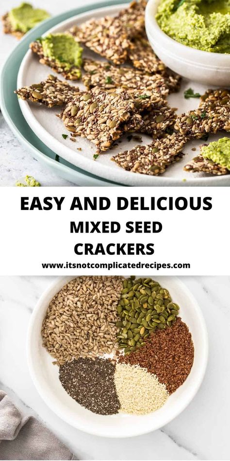 These easily made Mixed Seed Crackers are a great healthy snack to enjoy throughout the day, served with a dip or as a delicious addition to a cheese platter. The crispy crackers are packed with a variety of nutritious seeds, held together with water and seasoned with salt. They are vegan and gluten-free, full of flavour and great texture. Homemade Seed Crackers, Homemade Crackers Healthy, Gluten Free Cracker Recipe, Seed Crackers Recipe, Homemade Crackers Recipe, Seeded Bread Recipes, Complicated Recipes, Cracker Recipe, Seed Crackers