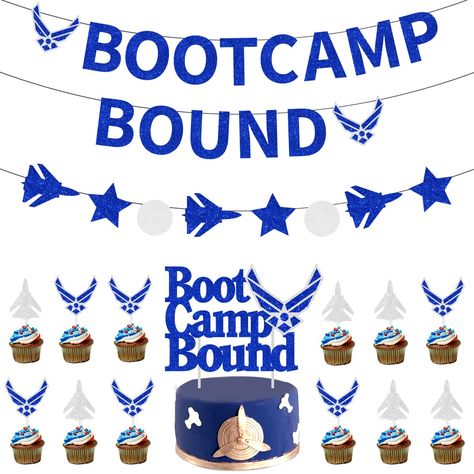 Air Force Decorations, Air Force Bootcamp Bound Party Decorations Glitter Bootcamp Bound Banner, Boot Camp Bound Cake Topper, Air Force Cupcake Topper for Military Emblem Theme Wedding Birthday (As an Amazon Associate I earn from qualifying purchases) Air Force Decorations Parties, Air Force Farewell Party Ideas, Air Force Themed Party, Air Force Decorations, Air Force Graduation Party Ideas, Airforce Party, Air Force Boot Camp, Air Force Party, Military Send Off Party Ideas