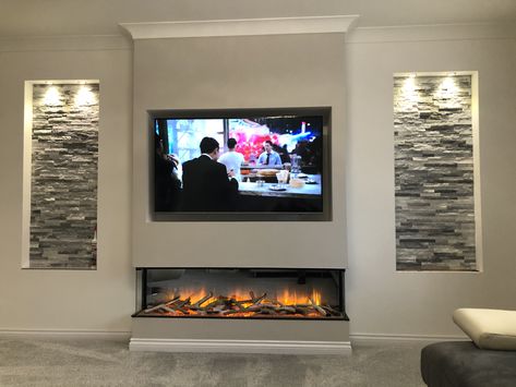 Fireplace Under Tv, Fireplace Feature Wall, Tv Fal, Under Tv, Feature Wall Living Room, Fireplace Tv Wall, Electric Fireplaces, Living Room Styles, Living Room Decor Fireplace