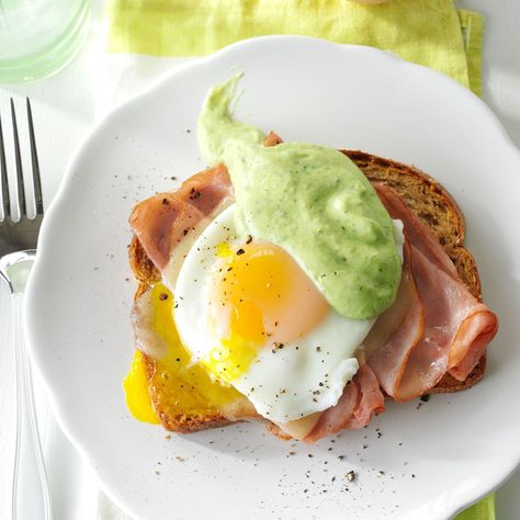 Southwestern Eggs Benedict with Avocado Sauce Avocado Sauce Recipe, Mexican Brunch, Ranch Recipe, Mckinney Texas, Avocado Sauce, Healthy Substitutions, Hollandaise Sauce, Green Fruit, Avocado Recipes