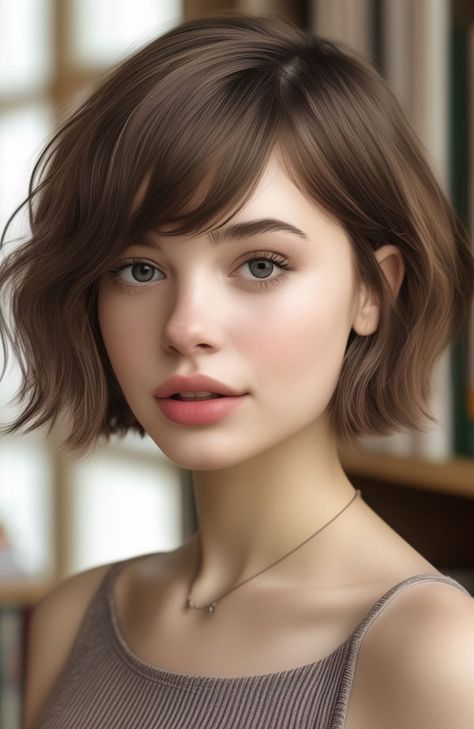 French Bob With Side Bangs, Chin Length Bob With Side Swept Bangs, Short Hair With Side Swept Bangs, Side Swept Bangs Short Hair, Short Hair Feminine, Side Bangs With Layers, Bob With Side Swept Bangs, French Bob Hairstyles, Haircut Ideas Brown Hair