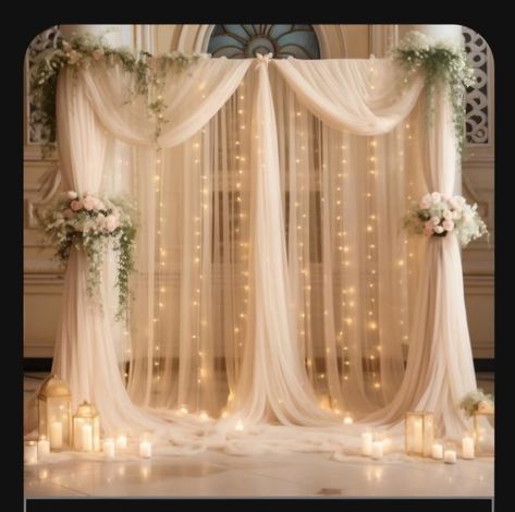 Wedding Place Decoration, Silver Wedding Backdrop Ideas, Simple Ballroom Wedding Decor, Lighted Wedding Arch, Fairy Lights Wedding Ceremony, Wedding Champagne Decorations, Champagne Wedding Entrance, Punjabi Wedding Home Decor, Simple Elegant Party Decor