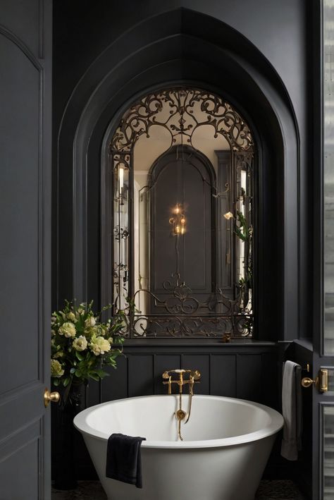 Explore the architectural sophistication of Gothic Arch (2047-10) in this daily interior designer routine for an elegant bathroom retreat. Dive into luxurious decor inspiration! #Ad #homedecor #homedesign #bathroom #Painthome interiorarchitecture best Wall Colors for Bathroom Colors Bright Room Colors best colors combinations bathroom bathroom Remodeling Modern Paint Colors 2024 Dark Academia Bathroom, Paint Colors 2024, Bright Room Colors, Parisian Bathroom, Black Bedrooms, Goth House, Bathroom Wall Colors, Best Wall Colors, Gothic Bathroom