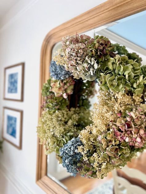 Dried hydrangea wreath for dining room winter decor Dried Hydrangea Christmas Decor, Dried Hydrangeas Christmas Decor Ideas, Dried Hydrangeas Christmas, Dried Hydrangea Wreath, Hydrangea Christmas, Color Palette For Home, Green Canvas Art, Dried Hydrangeas, White Ginger Jars