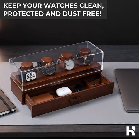 The Home for Your Favorite Watches — Your style will be on full display with this patented, eye-catching wooden mens watch box design which also makes a perfect Valentine's Day gift. Rotate your watch collection on display on the four watch display pillars, with an additional drawer to store your other everyday carry items. Make a statement with this watch case. Top Of Dresser Decor, Dresser Decoration, Watch Box For Men, Mens Jewelry Box, Wooden Watch Box, Watch Display Case, Mens Watch Box, Manly Decor, Watch Organizer