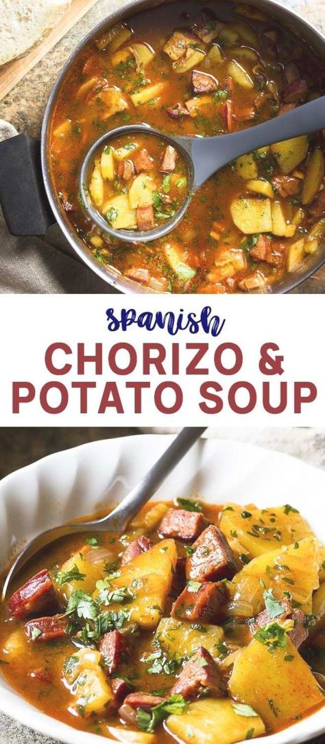 Spicy, creamy, and full of flavor! My Spanish potato and chorizo soup is simple to prepare and makes a satisfying and healthy dinner. Perfect for nights when you want dinner without any fuss. |  #spanishrecipes #souprecipes #soup #spanish #chorizo #potatoes Cornbread Recipe From Scratch, Chorizo Potatoes, Chorizo Potato, Potato Enchiladas, Chorizo Soup, Spanish Potatoes, Spanish Chorizo, Traditional Spanish Recipes, Enchiladas Suizas