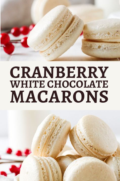 Cranberry White Chocolate Macarons are delightful cookies made with a cranberry filling and white chocolate Swiss meringue buttercream. It’s the perfect holiday cookie! #whitechocolate #macarons #thesweetoccasion Christmas French Macarons, Christmas Macarons Flavors, Winter Macarons, Swiss Macarons, Sakura Macaron, Cranberry Macarons, Red Velvet Macaroons, Christmas Macaroons, Macaron Inspiration