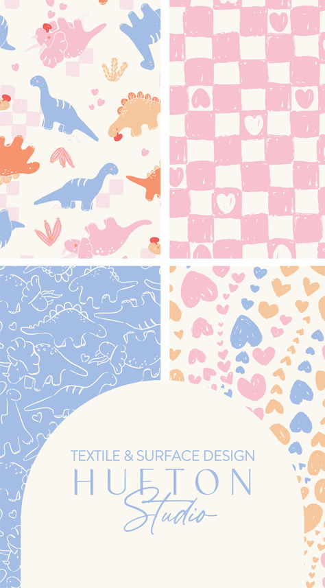 This adorable Unisex Valentine’s Day Dinosaur Collection is designed to captivate the hearts of all the little dino-loving girls out there, just as much as it does for the boys! Surface Pattern & Textile designer Hufton Studio Baby Girl Fabric, Surface Pattern Design Textiles, Baby Pattern Illustration, Modern Textiles Patterns, Dino Love, Surface Design Pattern, Dinosaur Collection, Dinosaur Patterns, Dino Pattern