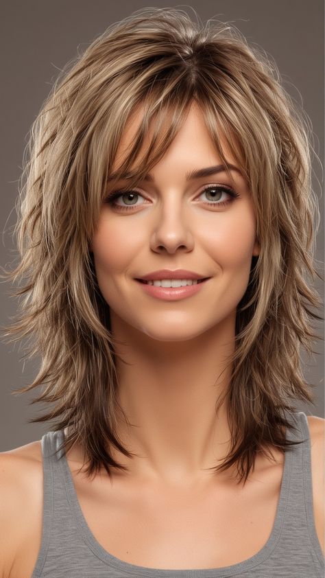 Women’s Hair Styles With Bangs, Hairstyles For Medium Length Hair With Layers Over 50 Curly, Shaggy Medium Bob For Fine Hair, Haircuts Thick Hair Medium, Shoulder Length Shag With Bangs Fine Hair, Gray Shag Haircut, Med Hair With Bangs, New Hair Styles2024, Hair Ideas 2024