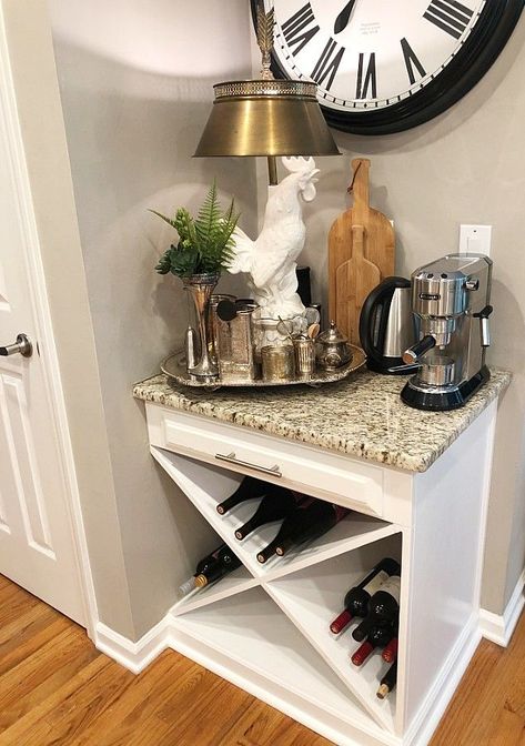 Wine cabinet and coffee bar in place of kitchen desk. Kitchen Desk To Wine Bar, Kitchen Desk To Beverage Station, Kitchen Desk To Bar, Convert Kitchen Desk To Bar, Converting Kitchen Desk, Kitchen Desk Remodel, Kitchen Desk Area Repurpose, Kitchen Desk Areas, Savannah House