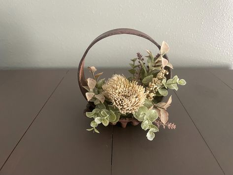 Small Vintage Metal Wagon Wheel Ring with Neutral Floral Arrangement, Rustic Decor, Farmhouse Centerpiece, Upcycled Vintage, Gift for Her by FaithFullSisters on Etsy Metal Wagon, Farmhouse Centerpiece, Small Centerpieces, Mantel Shelf, Wagon Wheel, Artificial Flower Arrangements, Metal Ring, Upcycled Vintage, Floral Arrangement