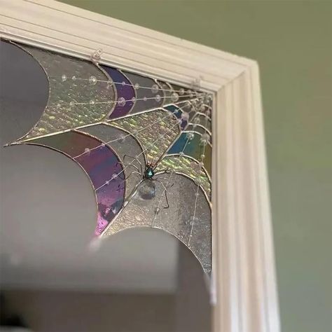 Hanging Door Decorations, Bedroom Halloween Decor Ideas, Whimsical Goth Home Decor, Stained Glass Cobweb, Whimsy House Decor, Witch Apartment Decor, Window Crystals Hanging, Enchanted Room Decor, How To Hang Wall Decor