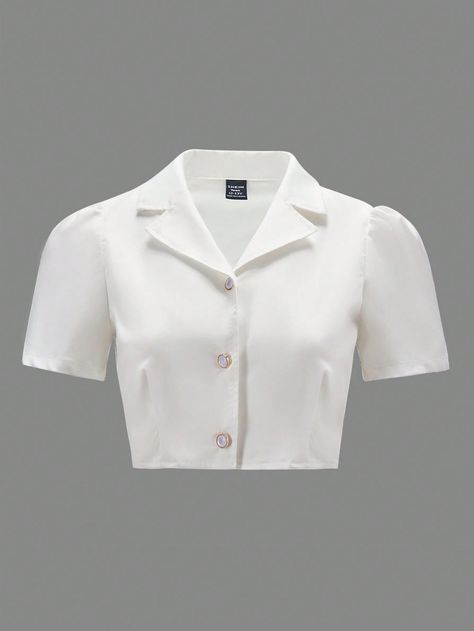 White Casual Collar Short Sleeve Polyester Plain Shirt Embellished Non-Stretch  Tween Girls Clothing Cute White Tops Blouses, Shien Shirt, Collared Shirt Women, White Shirt Collar, White Crop Shirt, Short Sleeve White Shirt, Blusas Crop Top, Collar Shirts Women, Cute White Tops