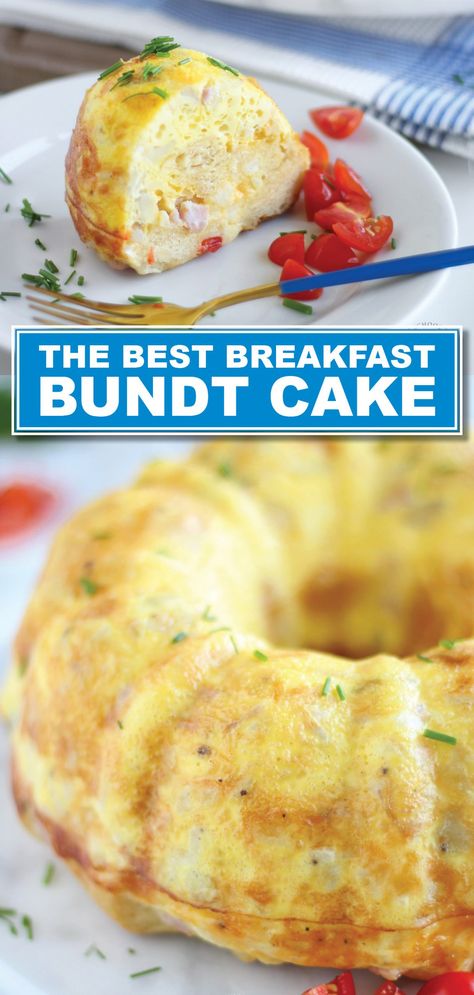 The BEST Breakfast Bundt Cake Recipe! For brunch or just a yummy breakfast for your family, this easy egg dish baked in a beautiful bundt cake pan will leave everyone full and happy! A great breakfast idea for the holidays too. Easy One Dish Breakfast, Breakfast Bundt Cake With Eggs, Egg Casserole In Bundt Pan, Egg Bundt Casserole, Bunt Breakfast Casserole, Brunch Bundt Cake, Springform Pan Recipes Breakfast, Bunt Breakfast Cake, Eggs Brunch Recipes