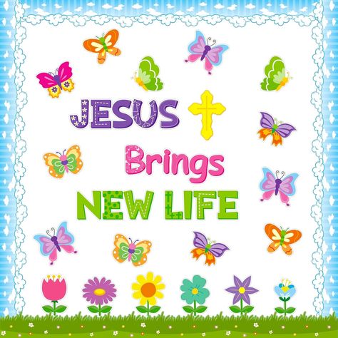 Amazon.com : Yopyame 94PCS Jesus Brings New Life Christian Bulletin Board Set Spring Butterfly Flowers Cross Cutouts Bulletin Board Borders Trim Easter Religious Faith Classroom Sunday School Chalkboard Wall Decor : Office Products Butterfly Bulletin Board, Religious Bulletin Boards, Chalkboard Wall Decor, Colorful Bulletin Boards, Christian Classroom, Bulletin Boards Theme, Christian Bulletin Boards, Sunday School Classroom, Spring Bulletin Boards