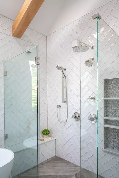 Double Herringbone Tile, Renovation Farmhouse, White Subway Tile Shower, Double Herringbone, Bathroom Renovation Diy, Subway Tile Showers, Simple Bathroom Decor, Diy Bathroom Makeover, Farmhouse Shower