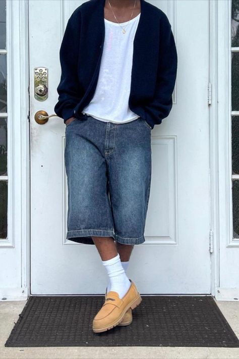 baggy y2k jorts, denim shorts, cardigan, spring outfits Cardigan With Shorts Outfit Men, Denim Jorts Outfit Men, Cardigan And Jorts Outfit, Baggy Denim Shorts Outfit, Cardigan With Shorts, Jorts Outfit, Baggy Denim Shorts, Jorts Baggy, Dark Blue Sweater