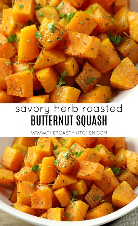 Savory Herb Roasted Butternut Squash by The Toasty Kitchen #squash #Butternutsquash #sidedish #savory #savvorybutternutsquash #herbroasted #herbs #sidedishrecipe #recipe #dinnerideas #thanksgivingsidedish Butternut Squash Side Dish, Cubed Butternut Squash, Oven Roasted Butternut Squash, Squash Stew, Healthy Squash Recipes, Savory Butternut Squash, Butternut Squash Recipes Roasted, Rice Bake, Baked Butternut Squash