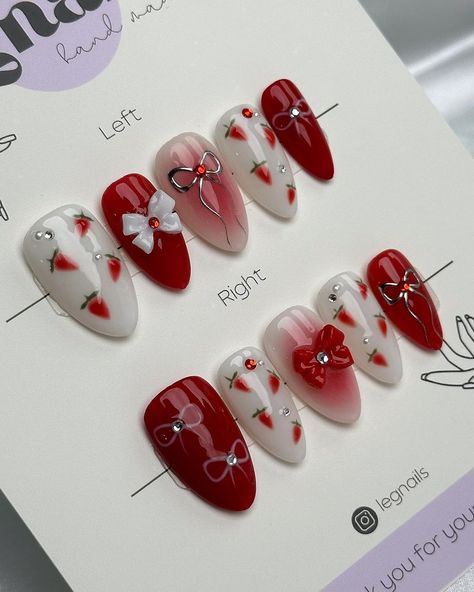 𐙚˙⋆.˚ ᡣ𐭩 Strawberry Coquette #coquettenails #bownails #auranails #pressonnails #chromenails #valentinenails | Instagram Nail Art Cute, Nails Hand Painted, Fake Nails Designs, Red Nail Art, Custom Press On Nails, Nails Gel Nails, Nails 3d, Cherry Nails, Nails Fake