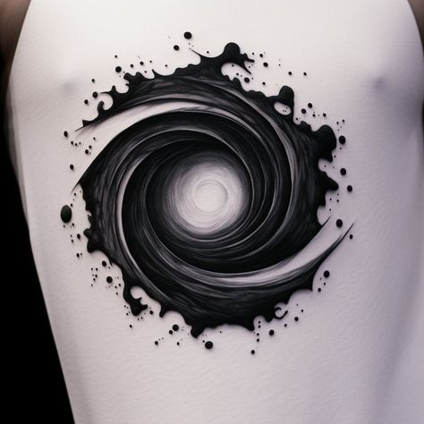 Blackwork Galaxy Tattoo, Space Elbow Tattoo, Astronaut Black Hole Tattoo, Black Hole Chest Tattoo, Space Eye Tattoo, Call Of The Void Tattoo, Circle Design Tattoo, Spiral Galaxy Drawing, Galaxy Chest Tattoo