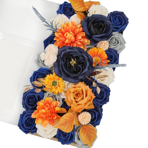 PRICES MAY VARY. This is a DIY flowers box set of different type of flowers and different colors as a theme. They are perfect for making bouquets, boutonnieres, cake flowers, crafts, headbands or any other flower decorations that serve as the icing on the cake. Package Lists: Classic Burnt Orange & Navy Blue Theme; DIY artificial flower combo include: orange dahlia ×1, navy blue rose ×2, orange rose ×1, orange daisy ×2, orange ranunculus ×1, PE foam rose ×25. These DIY artificial flowers with fl Navy Blue Party Decorations, Aisle Arch, Cobalt Blue Weddings, Table Centerpiece Flower, Diy Wedding Table, Diy Bouquets, Different Types Of Flowers, Wedding Arch Flowers, Navy Blue Flowers