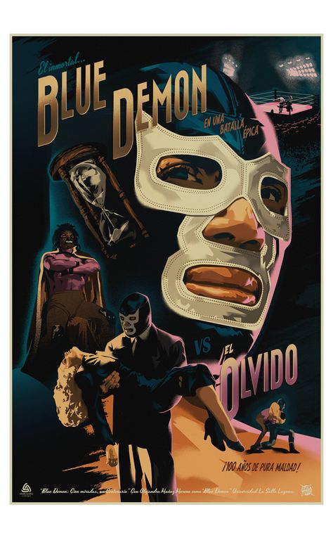 Blue Demon VS El Olvido on Behance Blue Demon Aesthetic, Random Graphics, Demon Aesthetic, Digital Art Procreate, Horse Skull, Luchador Mask, Mexican Wrestler, Cholo Art, Mexican Traditions