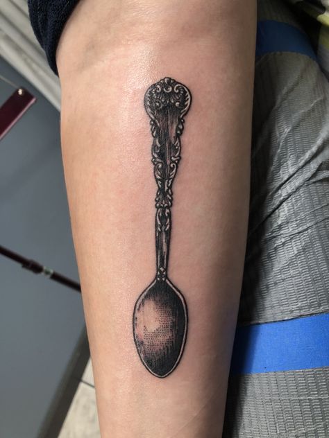 Silver Spoon Tattoo, Tea Spoon Tattoo, Vintage Spoon Tattoo, Antique Spoon Tattoo, Silverware Tattoo, Teaspoon Tattoo, Spoon Tattoo Ideas, Spoon Theory Tattoo, Spoonie Tattoo