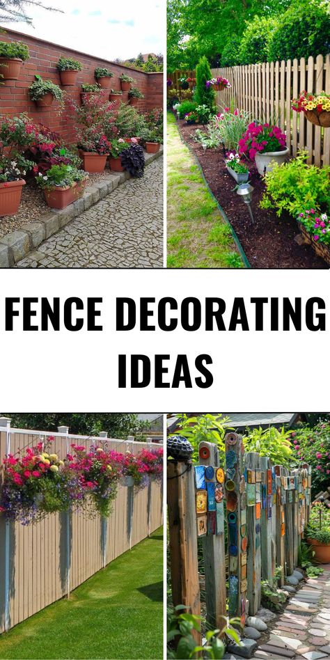 30 Fence Decorating Ideas to Transform Your Backyard into a Stunning Outdoor Oasis - placeideal.com Wood Fence Decor Ideas, Fence Post Decorating Ideas, Fence Decorating Ideas Creative, Wooden Fence Decorating Ideas, Picket Fence Ideas, Garden Fence Decor, Picket Fence Decor, Fence Decorating Ideas, Outdoor Fence Decor