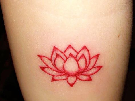 Red ink lotus tattoo Small Red Lotus Tattoo, Red Ink Lotus Tattoo, Red Water Lily Tattoo, Lotus Flower Tattoo Red Ink, Lotus Flower Tattoo Small Simple, Healed Red Tattoo, Japanese Lotus Flower Tattoo Design, Lotus Tattoo Simple, Water Lotus Tattoo