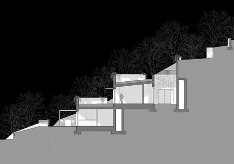 Slope House Design, Sloping Lot House Plan, Valley House, Slope House, Hillside House, Underground Homes, Narrow House, Solar House, Casa Container