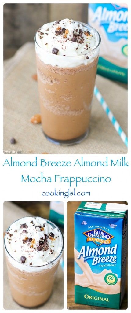 Summer-vegan-Almond-Breeze-Almond-Milk-mocha-frappuccino Milk Mocha, Almond Milk Coffee, Dairy Free Coffee, Chocolate Almond Milk, Mocha Frappuccino, Frappuccino Recipe, Almond Breeze, Low Carb Drinks, Desserts Chocolate