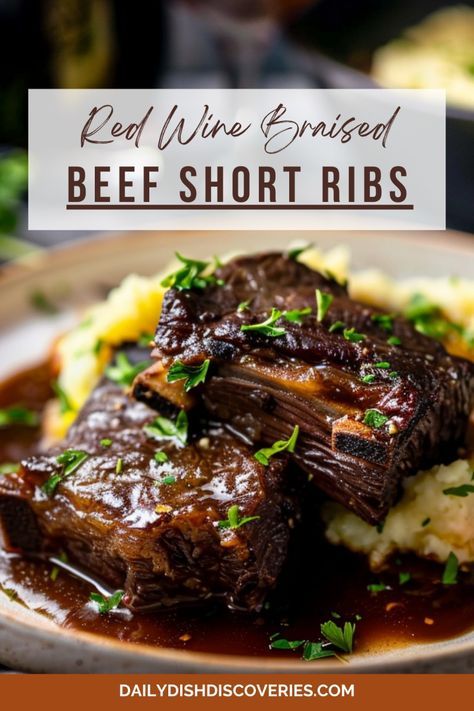 Indulge in the rich, savory flavors of red wine braised beef short ribs! Perfect for a cozy dinner, this recipe guarantees tender, flavorful meat. Click now for the full recipe! #BeefShortRibs #GourmetCooking #DinnerIdeas #ComfortFood #FoodieFavorites Braised Beef Short Ribs Half Baked Harvest, Braised Short Ribs And Polenta, Beef Short Ribs In Red Wine Sauce, Beef Braised In Red Wine, Best Braised Beef Short Ribs, Best Red Wine Braised Short Ribs, Instapot Braised Short Ribs, Cabernet Braised Short Ribs, Short Rib Red Wine