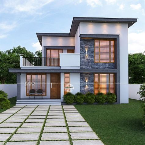 Modern flat roof style Kerala house design Simple House Designs Exterior Indian, Farmhouse Elevation Design, Simple Two Story House Design, Modern Duplexes, Indian Bungalow Design, Modern Village House Design, Farmhouse Elevation, Front Elevation Designs Modern, House Ideas Interior