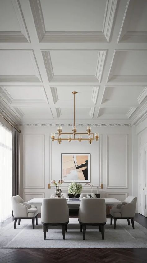 Bold Ceiling Designs to Make a Stylish Statement Coffered Ceilings Living Room, Coffered Living Room Ceiling, Double Height Ceiling Living Rooms, Tray Ceiling Wallpaper Ideas, Black Coffered Ceiling Ideas, Ceiling Feature Design, White Coffered Ceiling, Great Room Ceiling Ideas, High Ceiling Living Room Modern Luxury