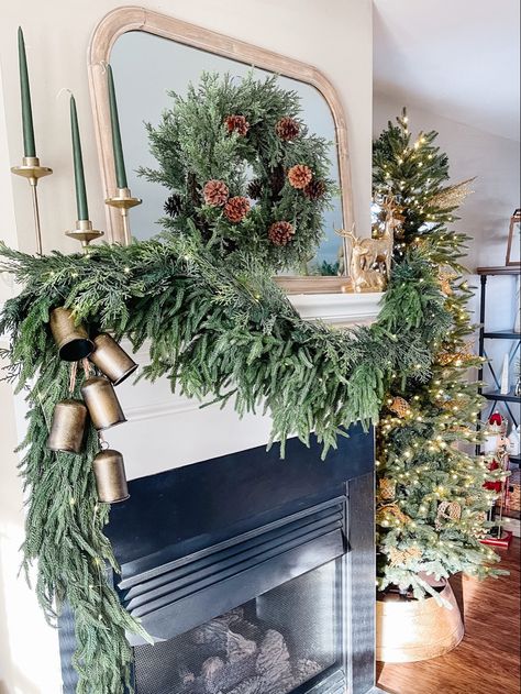 Garland On Mantle, Rustic Christmas Mantle, Norfolk Pine Garland, Christmas Garland Mantle, Fireplace Garland, Norfolk Pine, Mantel Design, Cozy Christmas Decor, Elegant Christmas Decor