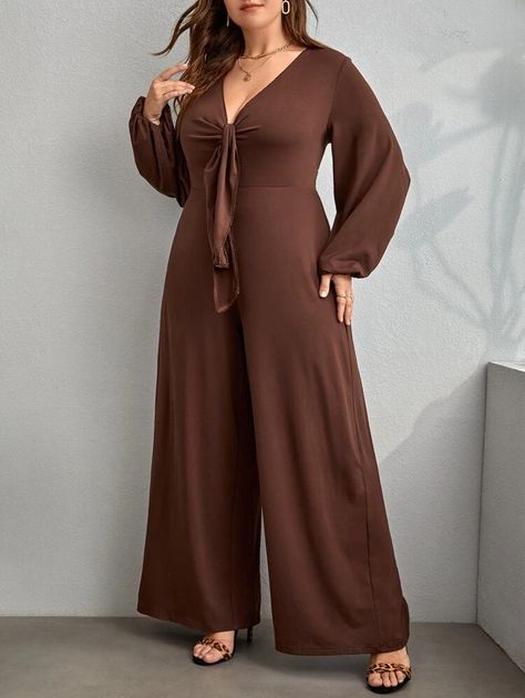 Culotte Jumpsuit, Bodysuit Fashion, Google Lens, Fashion Plus Size, Plus Size Jumpsuit, Bishop Sleeve, Lantern Sleeve, Style Chic, Brown Fashion