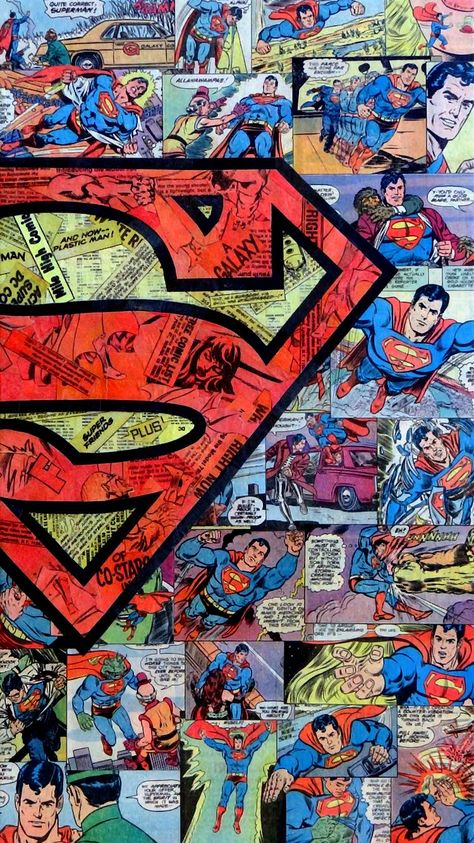 Superman, collage, comic book, art, print, wall decor, DC comics, vintage, retro, iconic logo, superhero, Superman Hd Wallpaper, Dark Knight Wallpaper, Dc Comics Logo, Logo Superman, Avengers Cartoon, Superman Wallpaper, Comics Logo, Rain Wallpapers, Hd Wallpaper Android