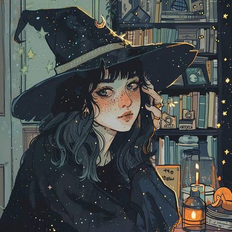 Moon Witch Drawing, Retro Witch Art, Halloween Illustration Witch, Spooky Aesthetic Pfp, Cottagecore Witch Art, Crystal Witch Art, Holding A Lantern Pose Drawing, Autumn Witch Art, Teenage Witch Aesthetic