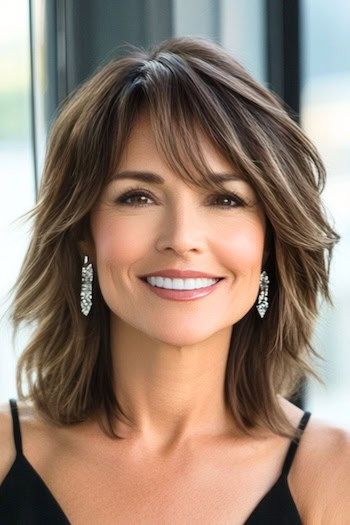 Save this pin for the best medium-length hairstyles for women over 50 with bangs. This choppy layered lob with bangs delivers a stylish, contemporary energy. The uneven layers bring texture to the forefront, giving your hair a vibrant, tousled effect. Hairstyles For Thick Layered Hair, Layered Hair Medium Balayage, Medium Layered Haircuts For Me, Medium Hairstyles With Bangs For Women Over 50, Modern Feathered Hairstyles Medium, Hair Styles For Women Over 50 With Thick Hair, Medium Length Haircut For 40 Year Old, Shoulder Length Side Bangs, Short Layered Haircuts Medium Length