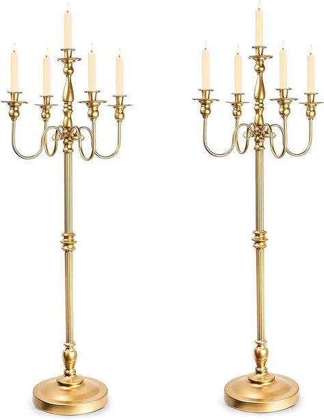 Amazon.com: Gold Candelabra for Wedding Event Decor, 50'' Tall Candelabra Floor Candle Holders, 2 Pcs Metal 5 Arm Candelabra Candle Holder Centerpiece Decorations for 5 Candlesticks Party Wedding Aisle Home Decor : Home & Kitchen Candelabra Wedding Centerpieces, Candelabra Centerpieces, Mystical Garden, Gold Candelabra, Candelabra Wedding, Candle Holder Centerpiece, Black White Party, Styling Flowers, Candelabra Centerpiece