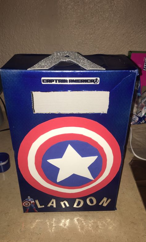 Valentine’s Day shoebox #captainamerica Valentines Box, Valentine Box, Crafty Ideas, Shoe Box, Captain America, Special Occasion, Convenience Store Products, Valentines, Valentine's Day