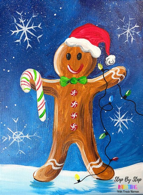 Gingerbread Man Acrylic Painting Tutorial - Step By Step Painting With Tracie Kiernan Christmas Acrylics, Xmas Paintings, Christmas Canvases, Santa Paintings, Christmas Color Palette, Christmas Canvas Art, Christmas Paintings On Canvas, Christmas Painting, Canvas Painting Tutorials