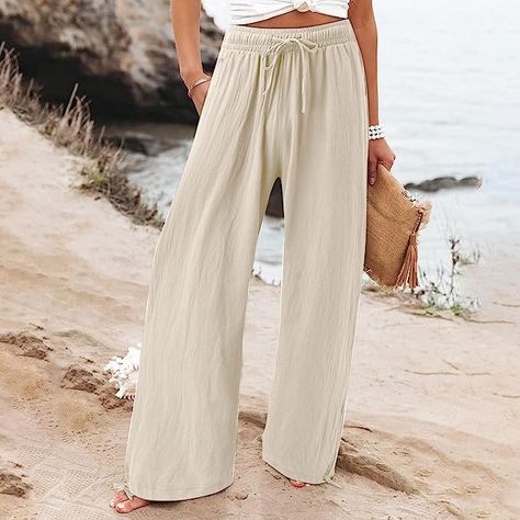 Beige Pants Loose Fit Pants For Summer Spring Beach Trouser Pants Casual Trousers Beige Linen Trousers Purple Coffee, Color Pants, Solid Color Pants, Casual Wide Leg Pants, Loose Trousers, Female Clothing, Long Trousers, High Waist Fashion, Weave Style